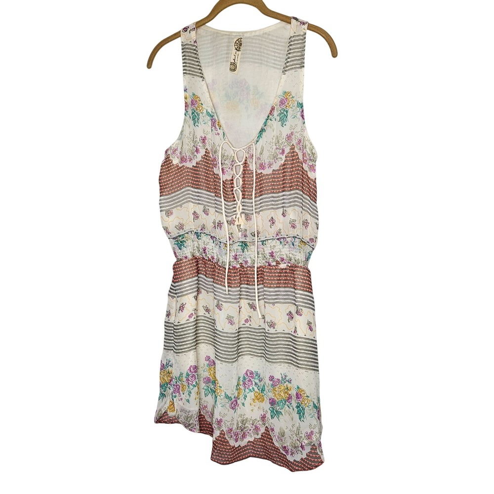 Free People Floral Striped Sleeveless Casual Dress Smocked Waist Lace-Up Small‎